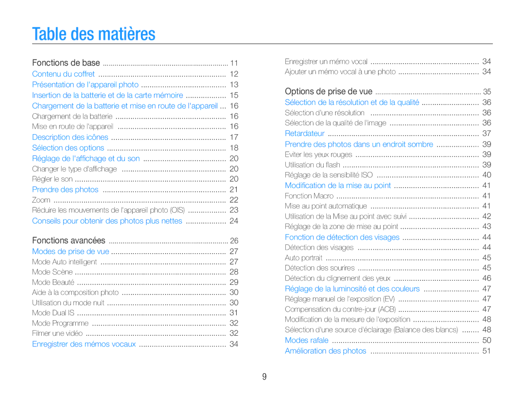 Samsung EC-PL200ZBPRE1, EC-PL201ZBPBE1, EC-PL201ZBPRE1, EC-PL200ZBPBE1, EC-PL201ZBPSE1 manual Table des matières 