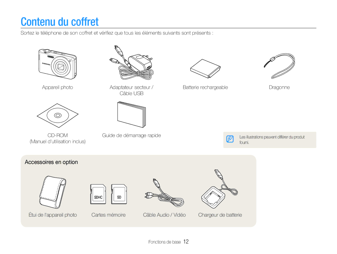 Samsung EC-PL200ZBPBE1, EC-PL200ZBPRE1 Contenu du coffret, Accessoires en option, Batterie rechargeable, Fonctions de base 