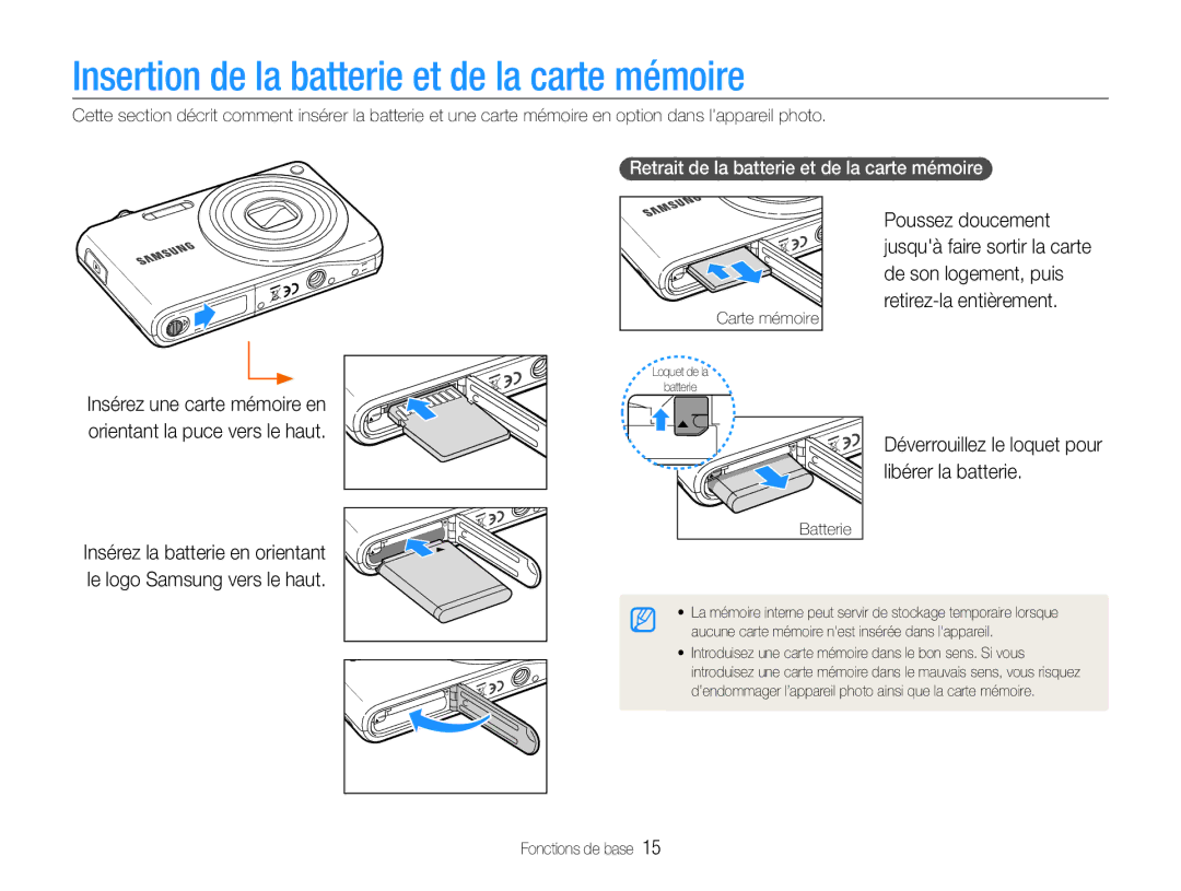 Samsung EC-PL201ZBPBE1 Insertion de la batterie et de la carte mémoire, Déverrouillez le loquet pour libérer la batterie 