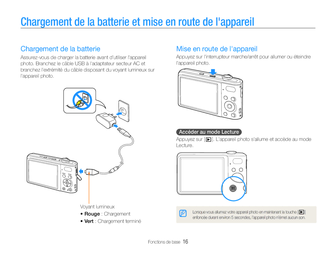 Samsung EC-PL201ZBPRE1, EC-PL200ZBPRE1 Chargement de la batterie et mise en route de lappareil, Mise en route de lappareil 