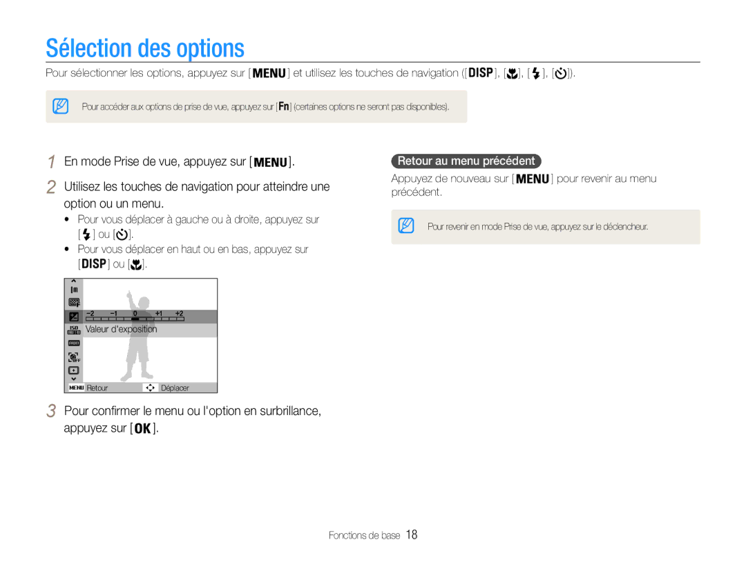 Samsung EC-PL201ZBPSE1 Sélection des options, Pour confirmer le menu ou loption en surbrillance, Retour au menu précédent 