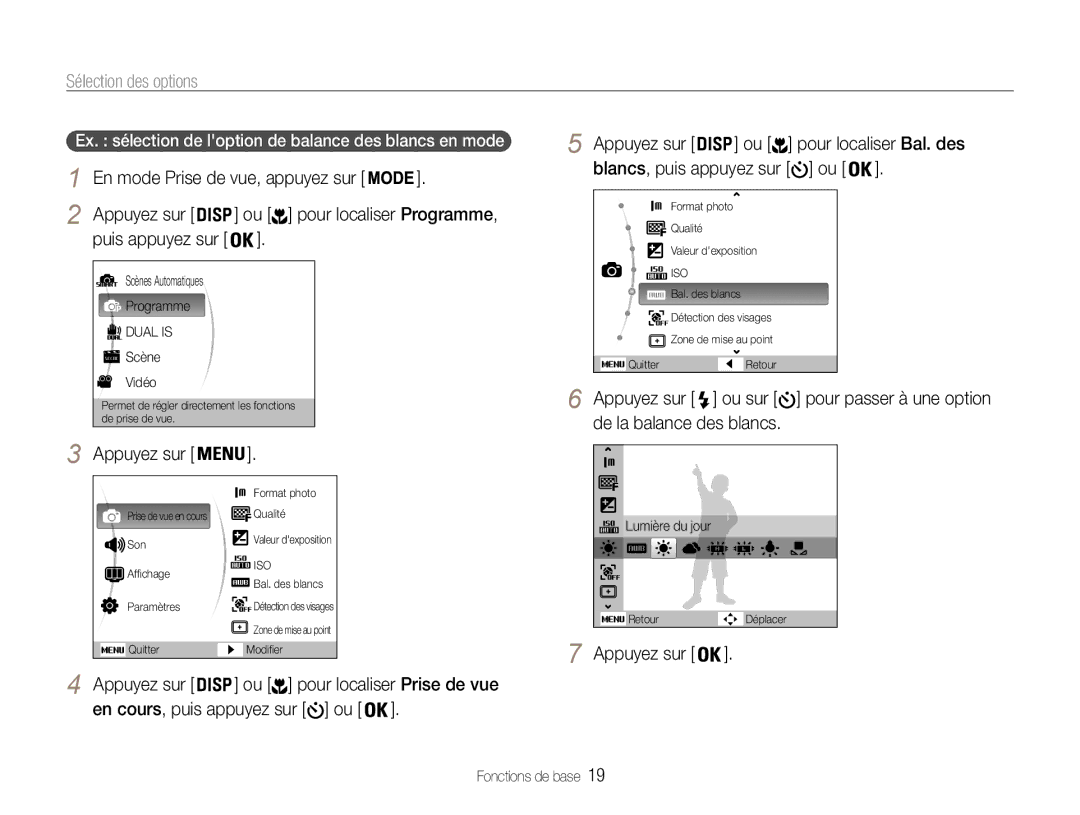 Samsung EC-PL200ZBPRE1 manual Sélection des options, Appuyez sur, Ex. sélection de loption de balance des blancs en mode 