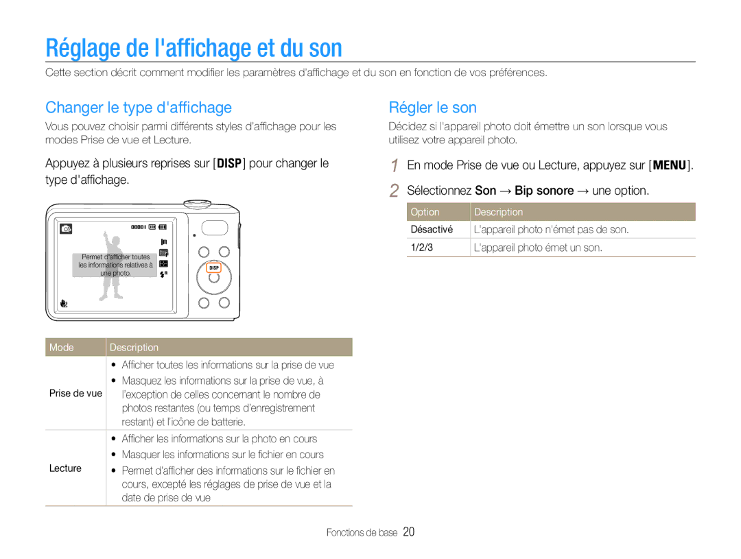 Samsung EC-PL201ZBPBE1 manual Réglage de laffichage et du son, Changer le type daffchage, Régler le son, Option Description 