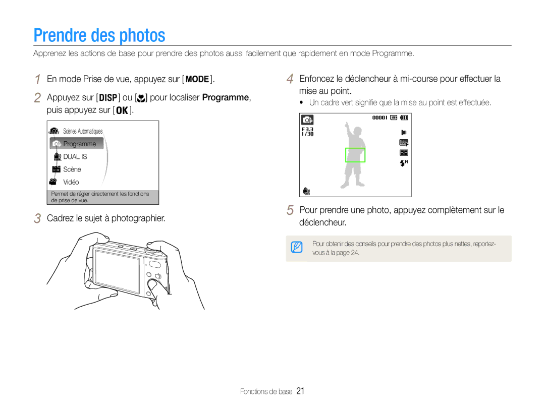 Samsung EC-PL201ZBPRE1, EC-PL200ZBPRE1, EC-PL201ZBPBE1, EC-PL200ZBPBE1, EC-PL201ZBPSE1 manual Prendre des photos 