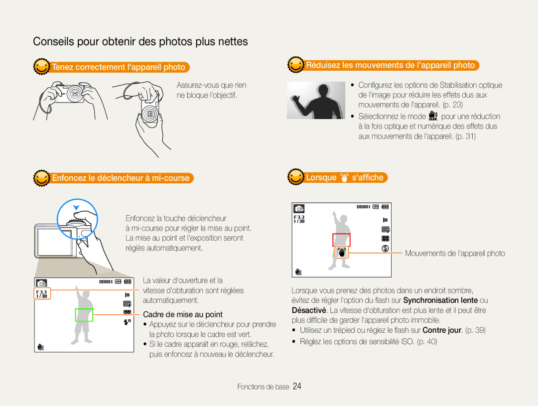 Samsung EC-PL200ZBPRE1 Tenez correctement lappareil photo, Réduisez les mouvements de lappareil photo, Lorsque saffiche 