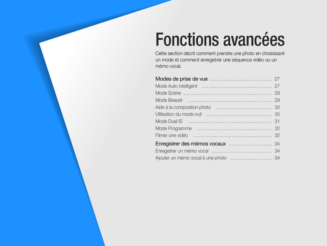 Samsung EC-PL201ZBPRE1, EC-PL200ZBPRE1, EC-PL201ZBPBE1, EC-PL200ZBPBE1, EC-PL201ZBPSE1 manual Fonctions avancées 