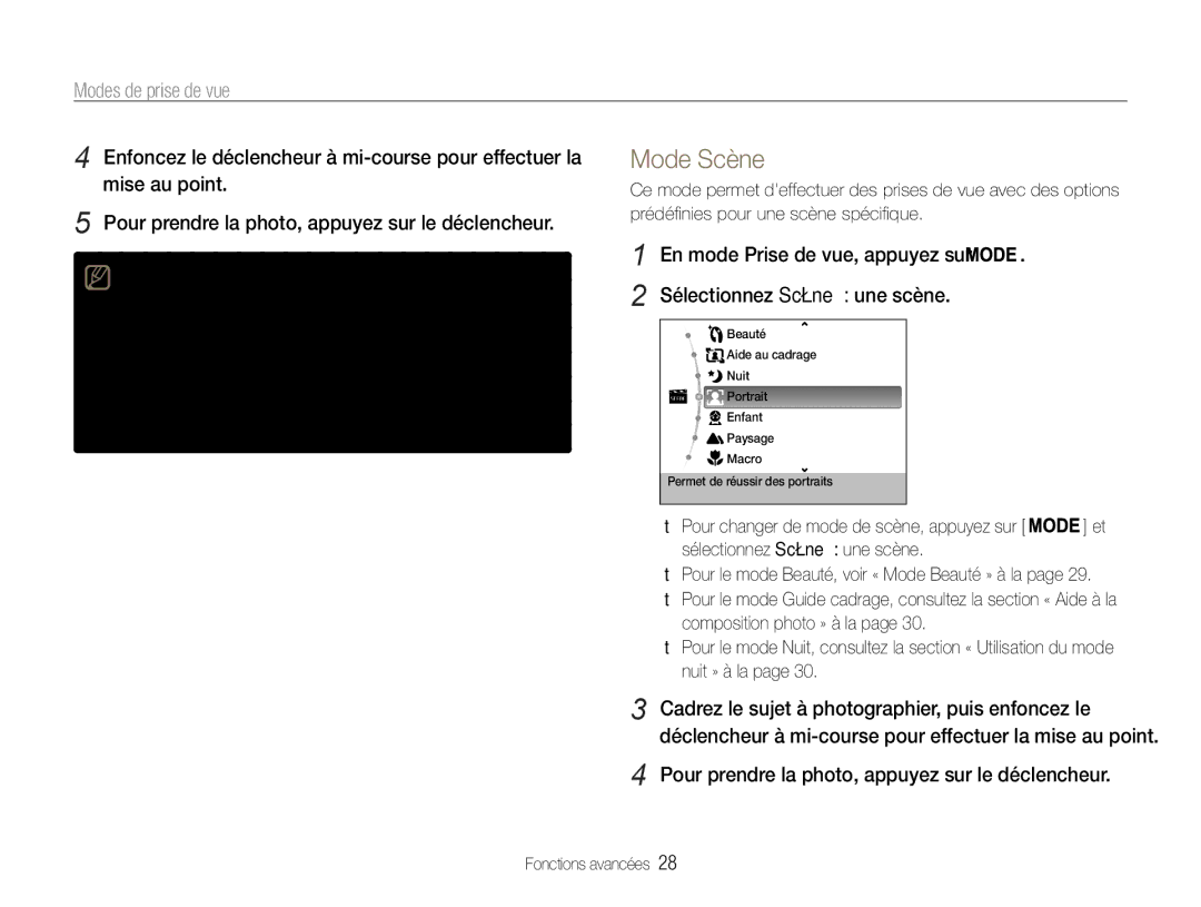 Samsung EC-PL201ZBPSE1, EC-PL200ZBPRE1, EC-PL201ZBPBE1 Mode Scène, Modes de prise de vue, Sélectionnez Scène → une scène 