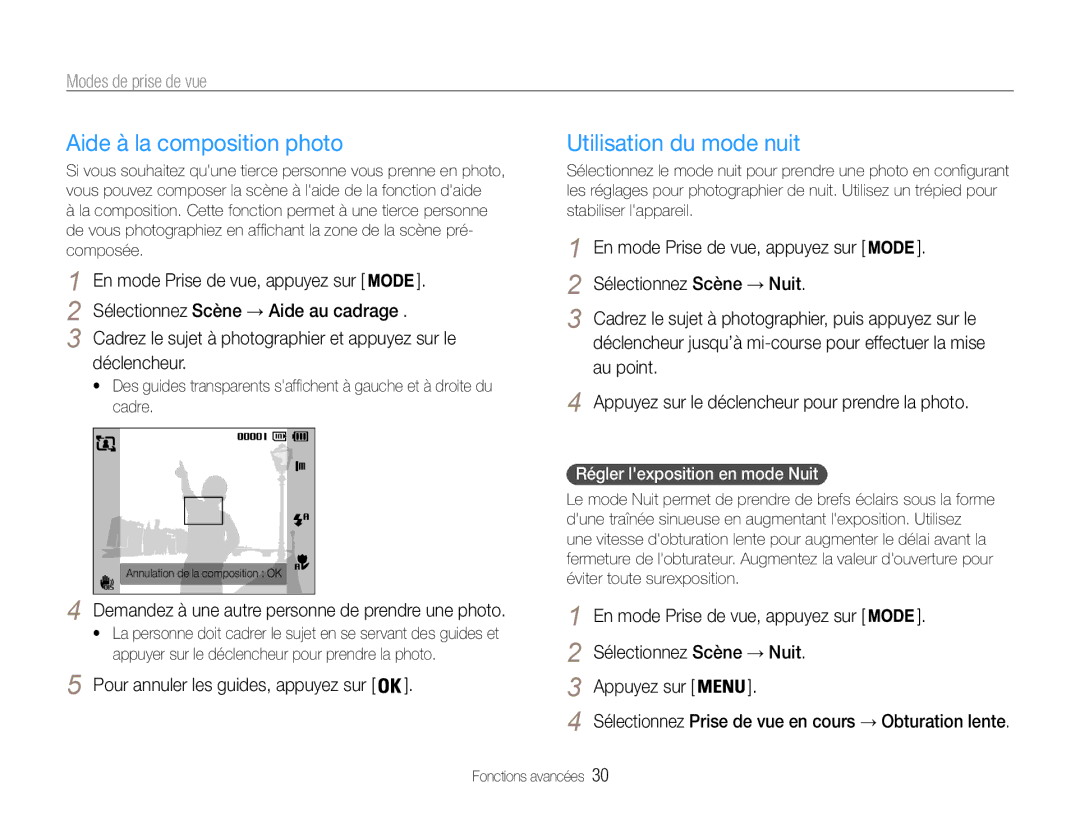 Samsung EC-PL201ZBPBE1, EC-PL200ZBPRE1, EC-PL201ZBPRE1, EC-PL200ZBPBE1 Aide à la composition photo, Utilisation du mode nuit 