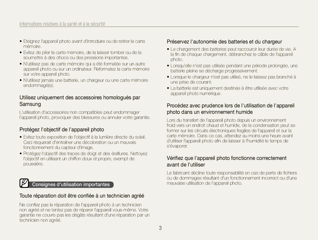 Samsung EC-PL201ZBPSE1 manual Informations relatives à la santé et à la sécurité, Protégez lobjectif de lappareil photo 