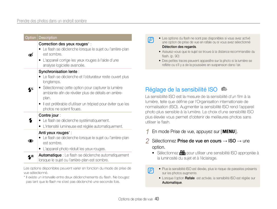 Samsung EC-PL201ZBPBE1, EC-PL200ZBPRE1 manual Réglage de la sensibilité ISO, Prendre des photos dans un endroit sombre 