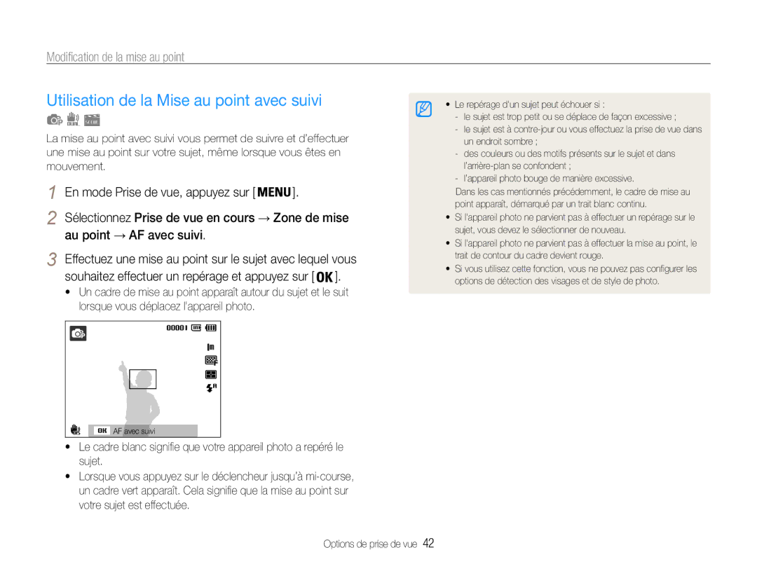 Samsung EC-PL200ZBPBE1, EC-PL200ZBPRE1 manual Utilisation de la Mise au point avec suivi, Modification de la mise au point 