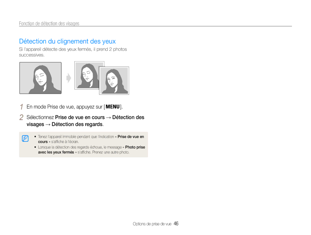 Samsung EC-PL201ZBPRE1, EC-PL200ZBPRE1, EC-PL201ZBPBE1 Détection du clignement des yeux, Visages → Détection des regards 