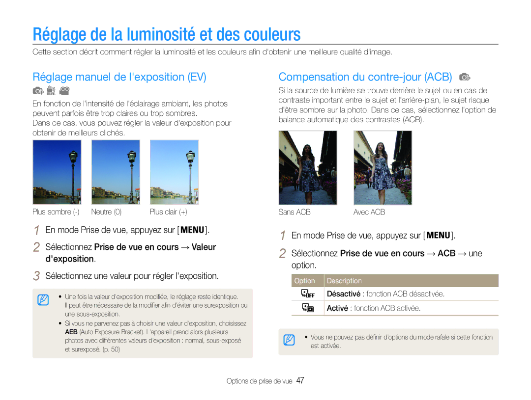 Samsung EC-PL200ZBPBE1, EC-PL200ZBPRE1 manual Réglage de la luminosité et des couleurs, Réglage manuel de lexposition EV 