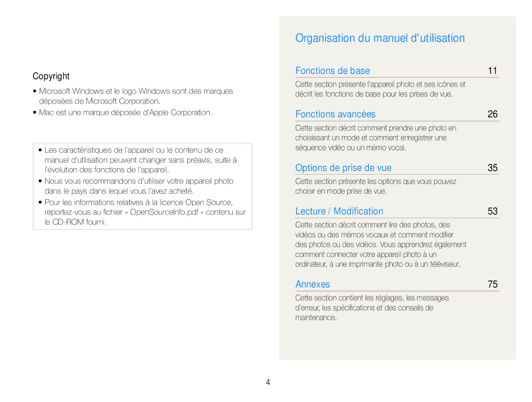 Samsung EC-PL200ZBPRE1, EC-PL201ZBPBE1 manual Organisation du manuel dutilisation, Copyright, Choisir en mode prise de vue 