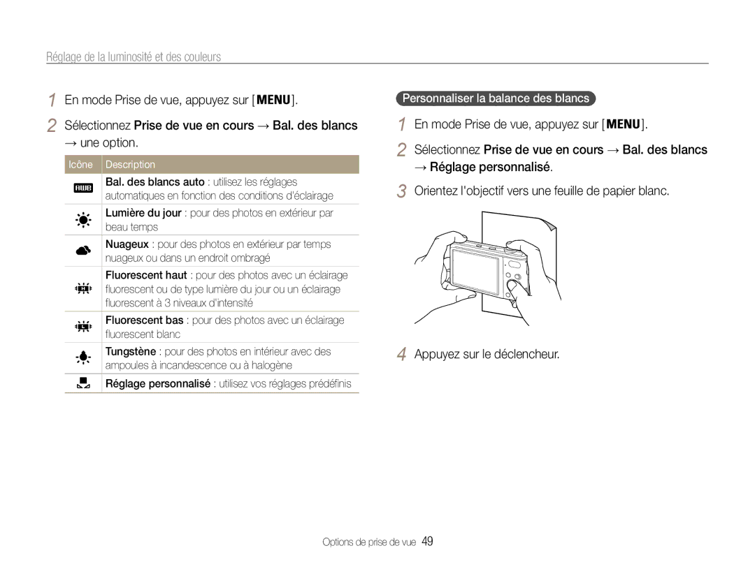 Samsung EC-PL200ZBPRE1 manual Réglage personnalisé utilisez vos réglages prédéfinis, Personnaliser la balance des blancs 