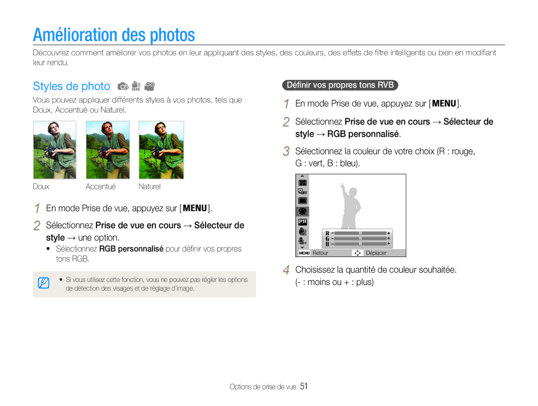 Samsung EC-PL201ZBPRE1 manual Amélioration des photos, Styles de photo, Style → une option, Définir vos propres tons RVB 