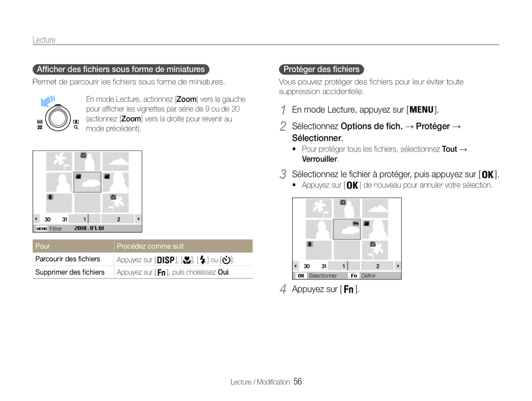 Samsung EC-PL201ZBPRE1, EC-PL200ZBPRE1 Sélectionner, Afficher des fichiers sous forme de miniatures, Protéger des fichiers 