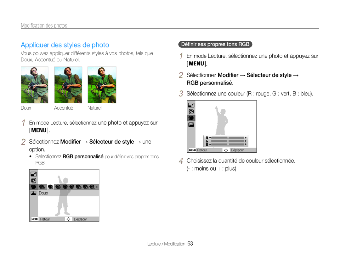 Samsung EC-PL201ZBPSE1, EC-PL200ZBPRE1 manual Appliquer des styles de photo, Modification des photos, RGB personnalisé 