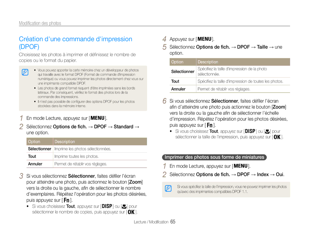 Samsung EC-PL201ZBPBE1 manual Création dune commande dimpression Dpof, Imprimer des photos sous forme de miniatures 