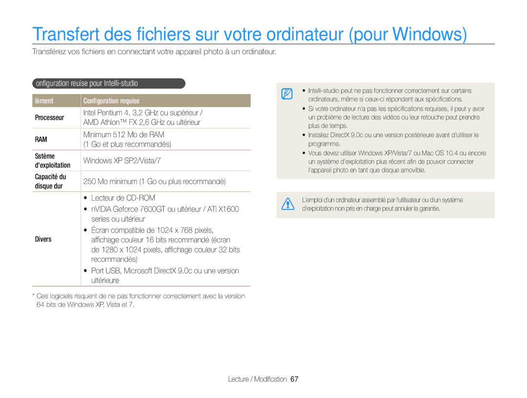 Samsung EC-PL200ZBPBE1 Transfert des fichiers sur votre ordinateur pour Windows, Configuration requise pour Intelli-studio 