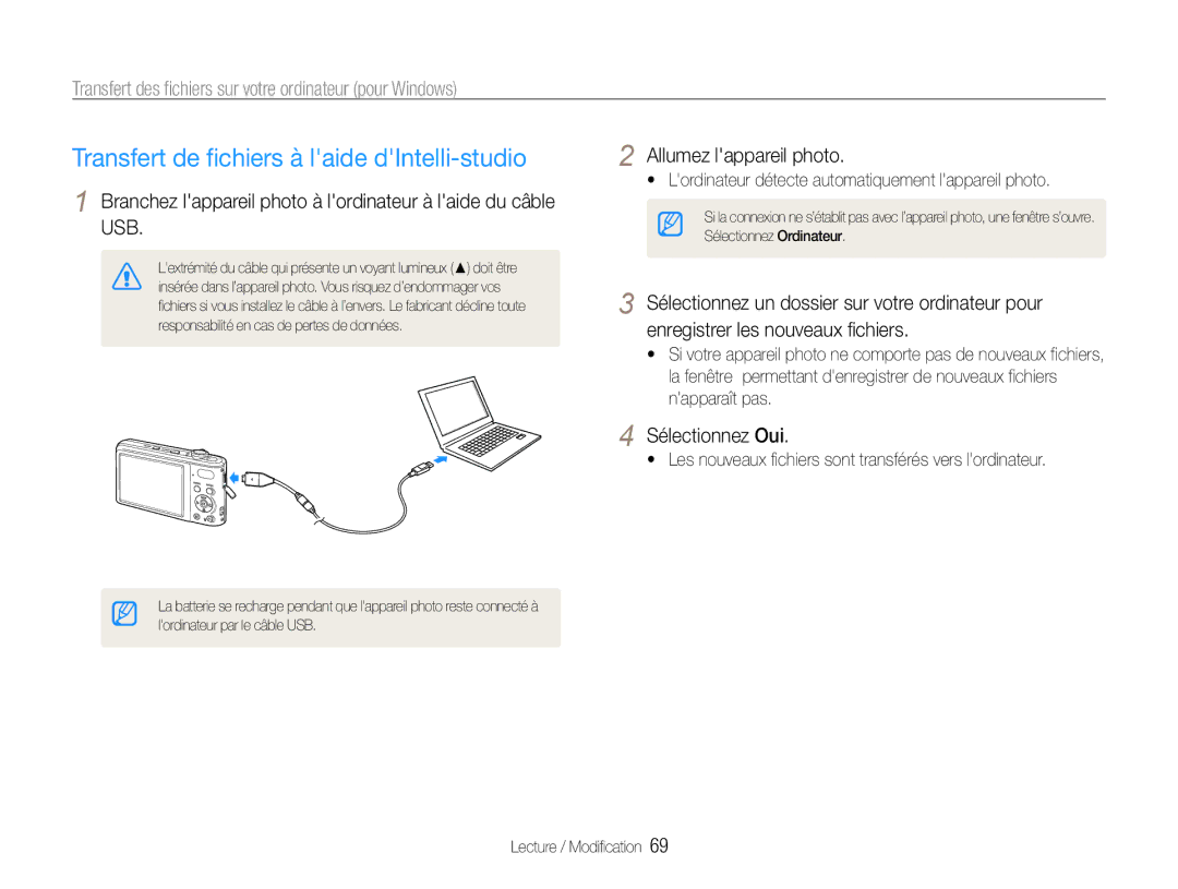 Samsung EC-PL200ZBPRE1, EC-PL201ZBPBE1 manual Transfert de fichiers à laide dIntelli-studio, Allumez lappareil photo 