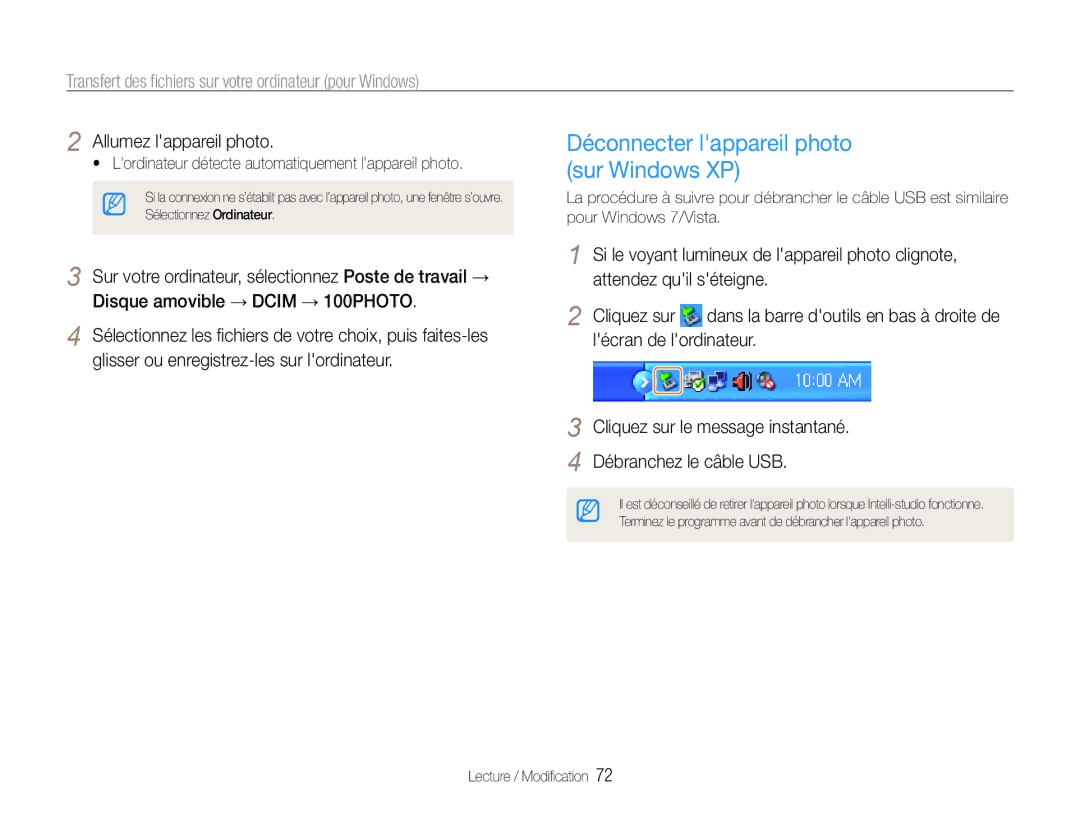 Samsung EC-PL200ZBPBE1, EC-PL200ZBPRE1, EC-PL201ZBPBE1 Déconnecter lappareil photo sur Windows XP, Allumez lappareil photo 