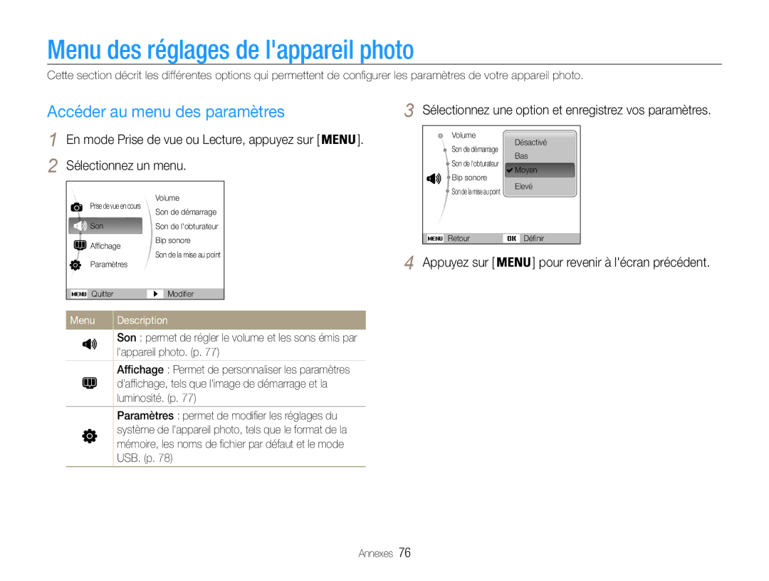 Samsung EC-PL201ZBPRE1 manual Menu des réglages de lappareil photo, Accéder au menu des paramètres, Sélectionnez un menu 