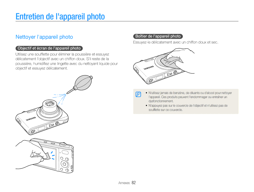 Samsung EC-PL200ZBPBE1 manual Entretien de lappareil photo, Nettoyer lappareil photo, Objectif et écran de lappareil photo 