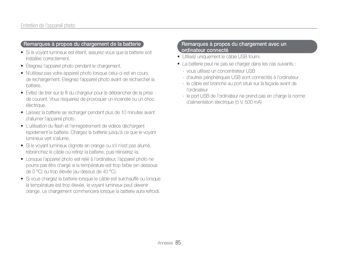 Samsung EC-PL201ZBPBE1, EC-PL200ZBPRE1, EC-PL201ZBPRE1, EC-PL200ZBPBE1 manual Remarques à propos du chargement de la batterie 