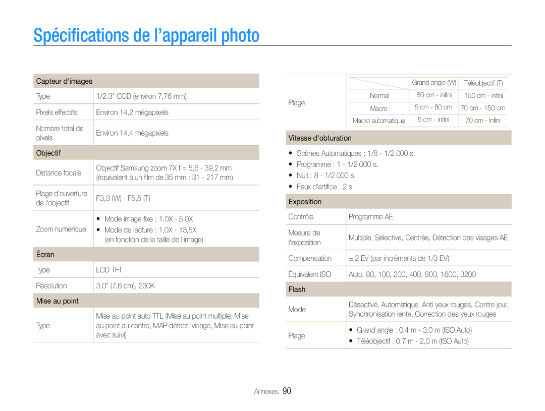 Samsung EC-PL201ZBPBE1, EC-PL200ZBPRE1, EC-PL201ZBPRE1, EC-PL200ZBPBE1, EC-PL201ZBPSE1 Spécifications de l’appareil photo 