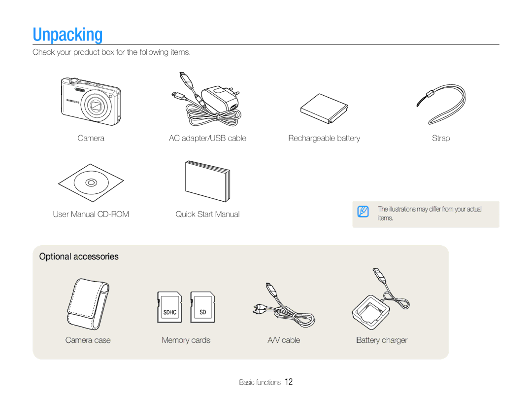 Samsung EC-PL200ZBDSVN, EC-PL200ZBPRE1 Unpacking, Optional accessories, Camera case Memory cards Cable, Basic functions 