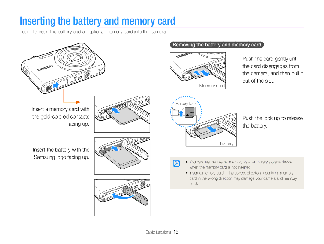 Samsung EC-PL200ZBPSE3 manual Inserting the battery and memory card, Push the lock up to release the battery, Battery 