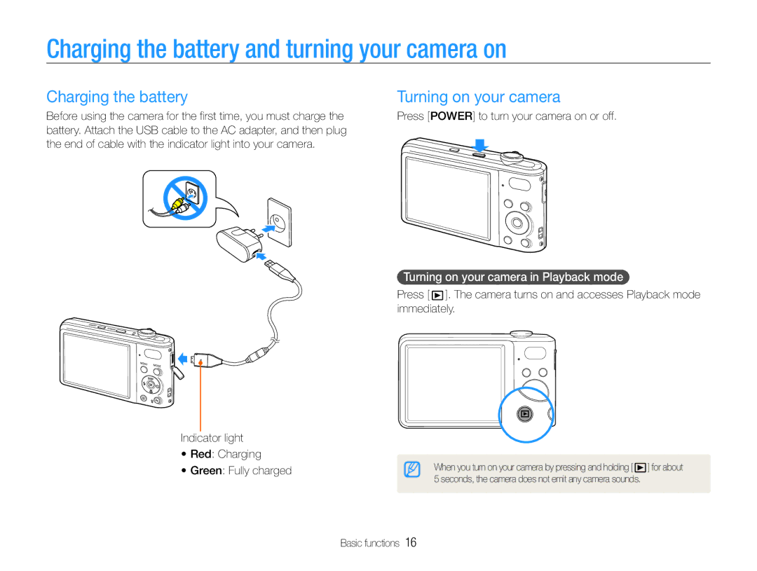 Samsung EC-PL200ZBPSE2, EC-PL200ZBPRE1 manual Charging the battery and turning your camera on, Turning on your camera 