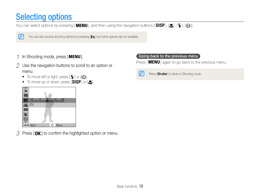 Samsung EC-PL200ZBPRE2 manual Selecting options, Shooting mode, press, Menu, Press, Going back to the previous menu 