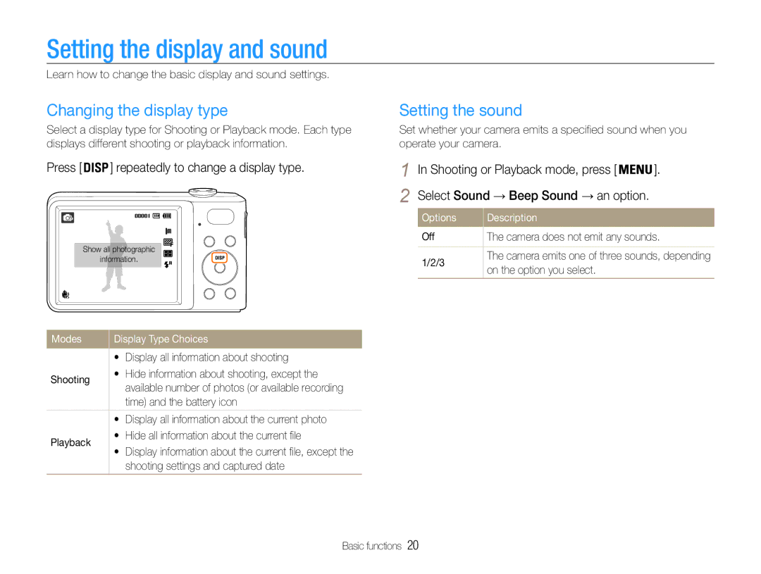 Samsung EC-PL200ZBPRRU, EC-PL200ZBPRE1 manual Setting the display and sound, Changing the display type, Setting the sound 