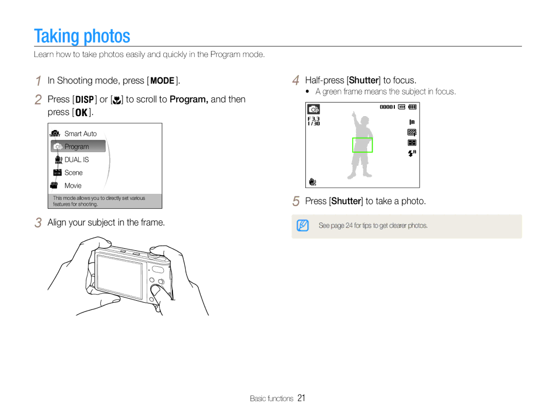 Samsung EC-PL200ZBPBRU, EC-PL200ZBPRE1 manual Taking photos, Align your subject in the frame Half-press Shutter to focus 