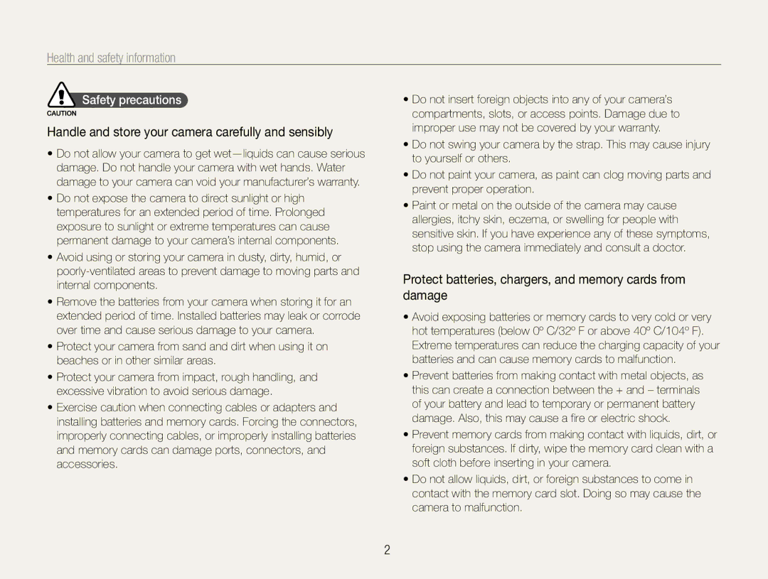 Samsung EC-PL200ZBPBE1 manual Health and safety information, Handle and store your camera carefully and sensibly, Damage 