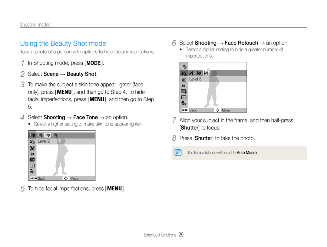 Samsung EC-PL200ZBPRIT, EC-PL200ZBPRE1 manual Using the Beauty Shot mode, Select Shooting → Face Retouch → an option 