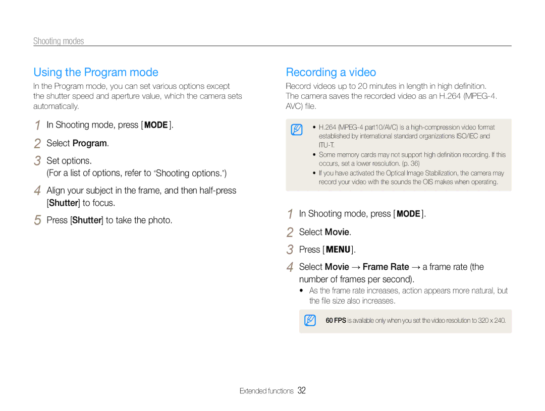 Samsung EC-PL200ZBPBIL manual Using the Program mode, Recording a video, Shooting mode, press Select Program Set options 