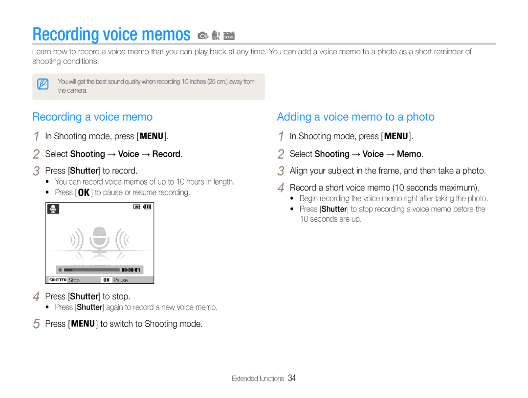 Samsung EC-PL200ZBDRVN, EC-PL200ZBPRE1 manual Recording voice memos, Recording a voice memo, Adding a voice memo to a photo 