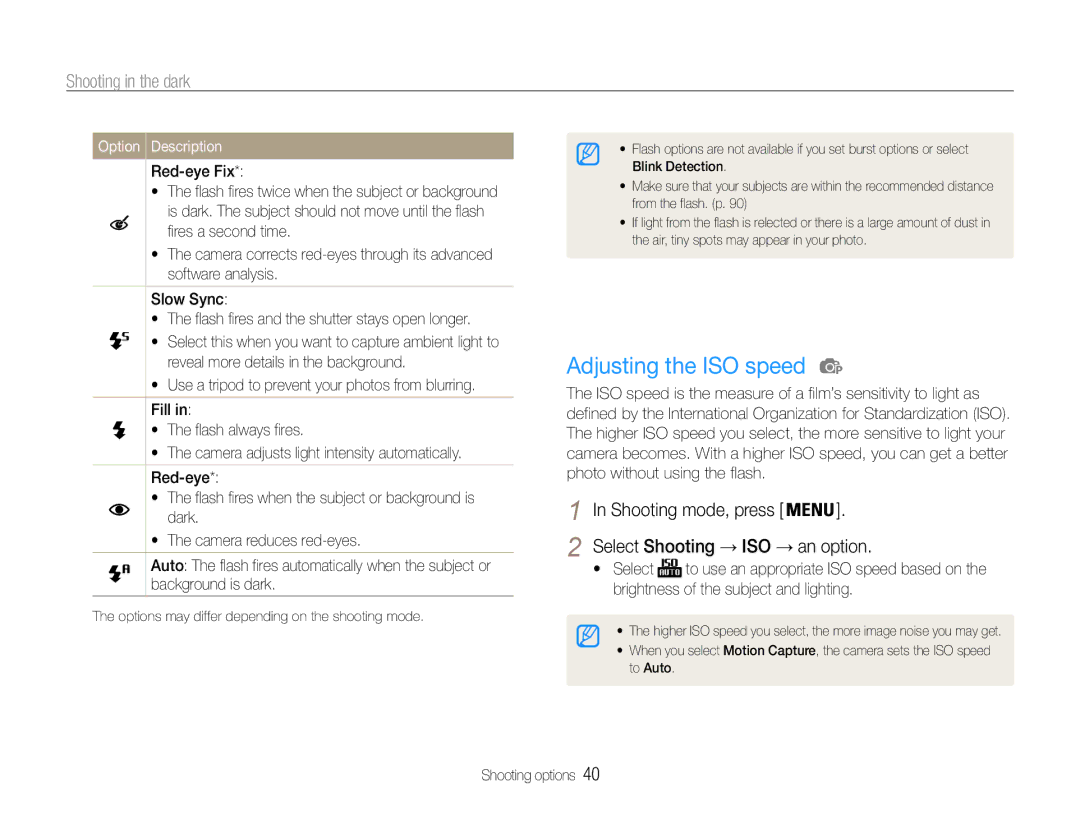 Samsung EC-PL200ZBPBE2 manual Adjusting the ISO speed, Shooting in the dark, Red-eye Fix, Select Shooting → ISO → an option 