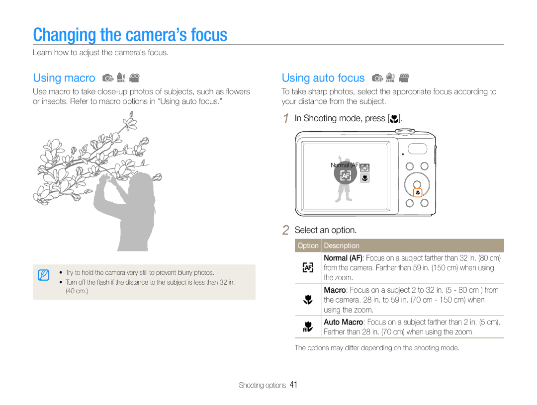 Samsung EC-PL200ZBPRE2 Changing the camera’s focus, Using macro, Using auto focus, Learn how to adjust the cameras focus 