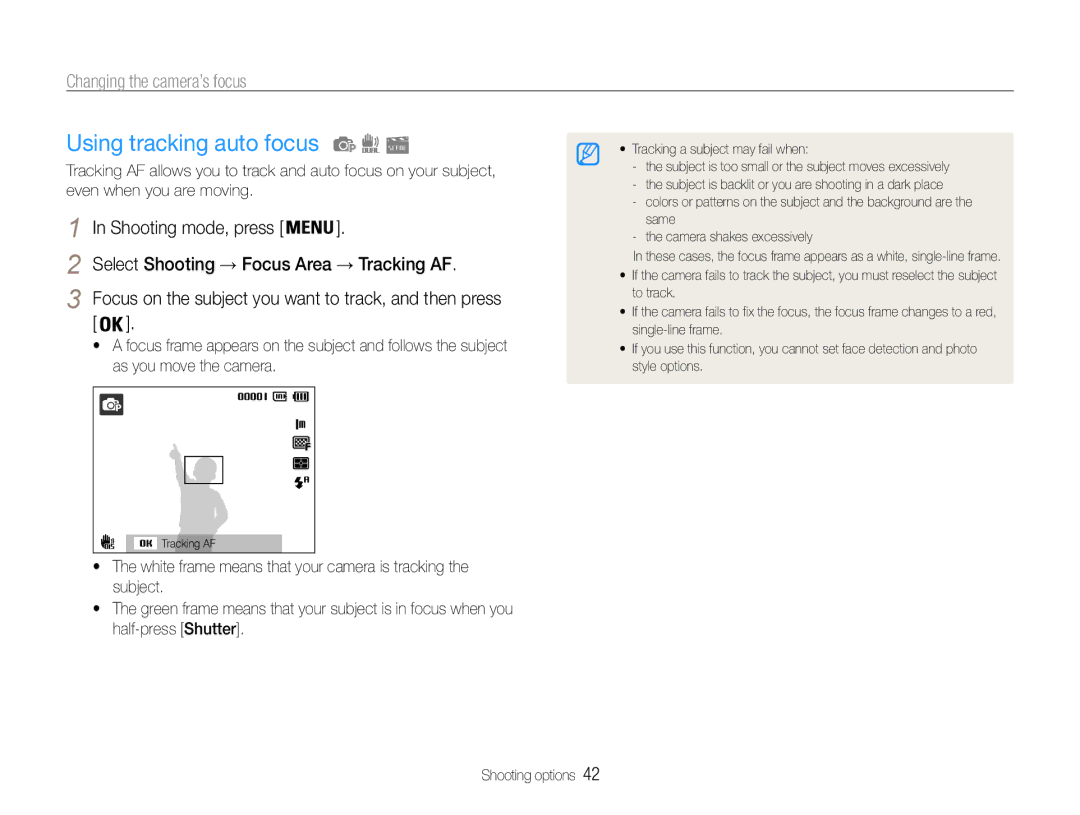 Samsung EC-PL200ZBPSRU, EC-PL200ZBPRE1, EC-PL201ZBPBE1 manual Using tracking auto focus, Changing the camera’s focus 