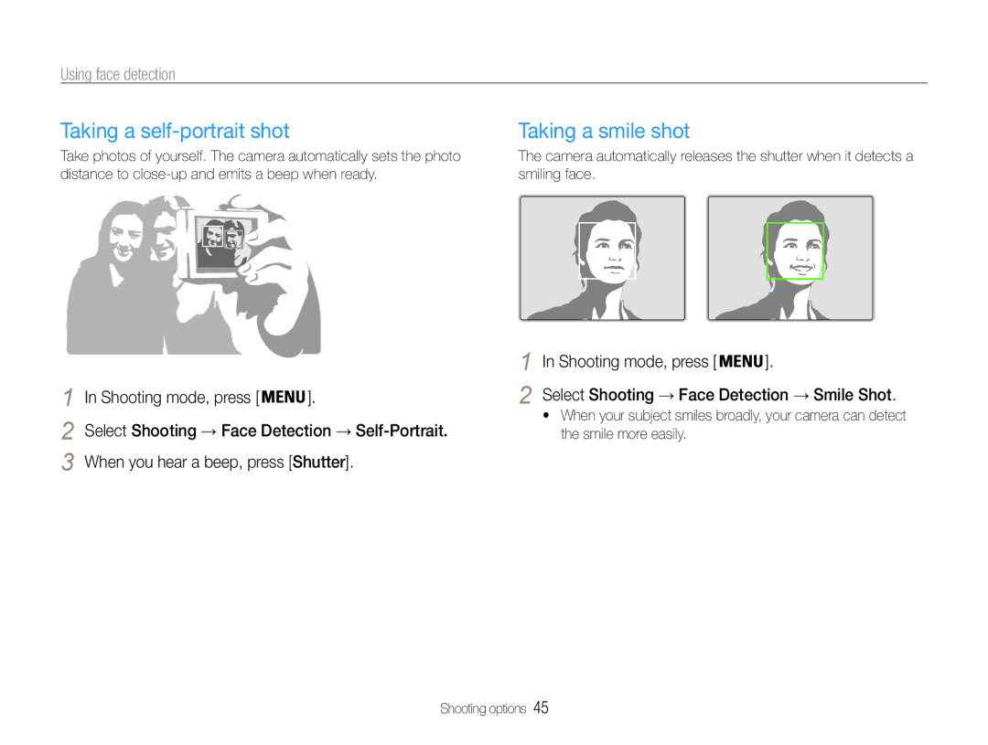 Samsung EC-PL200ZBPRE1, EC-PL201ZBPBE1 manual Taking a self-portrait shot, Taking a smile shot, Using face detection 