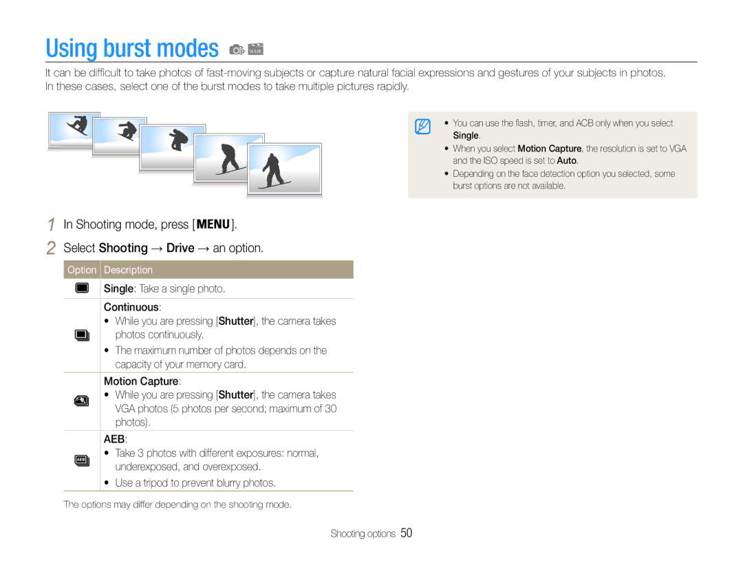 Samsung EC-PL200ZBDBUS, EC-PL200ZBPRE1, EC-PL201ZBPBE1 manual Using burst modes, Select Shooting → Drive → an option 