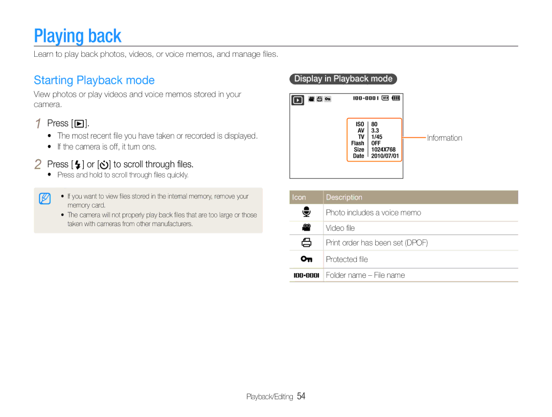 Samsung EC-PL200ZBPRIL Playing back, Starting Playback mode, Press or to scroll through files, Display in Playback mode 