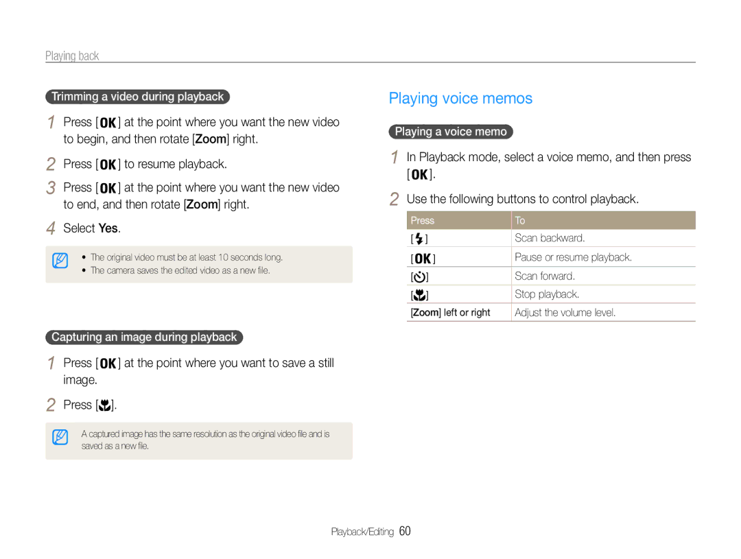 Samsung EC-PL200ZBPBE3 Playing voice memos, To begin, and then rotate Zoom right, Press To resume playback, Image Press 