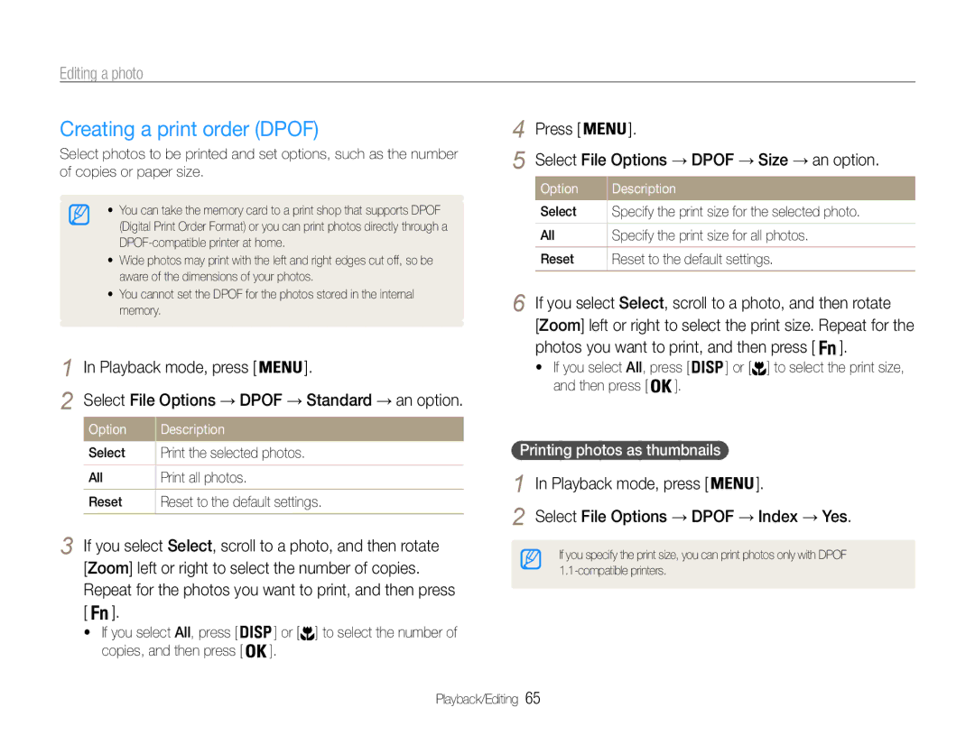 Samsung EC-PL200ZBPSRU, EC-PL200ZBPRE1 manual Creating a print order Dpof, Select File Options → Dpof → Size → an option 