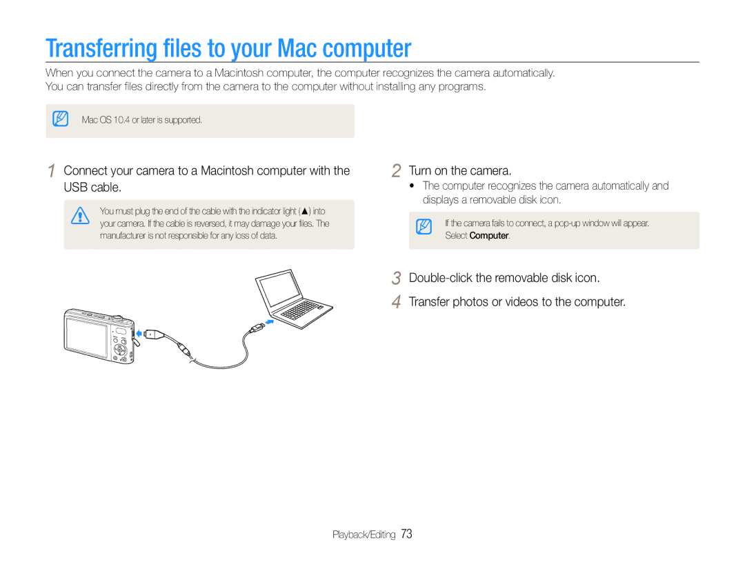 Samsung EC-PL200ZBDBUS, EC-PL200ZBPRE1, EC-PL201ZBPBE1, EC-PL201ZBPRE1 manual Transferring files to your Mac computer 