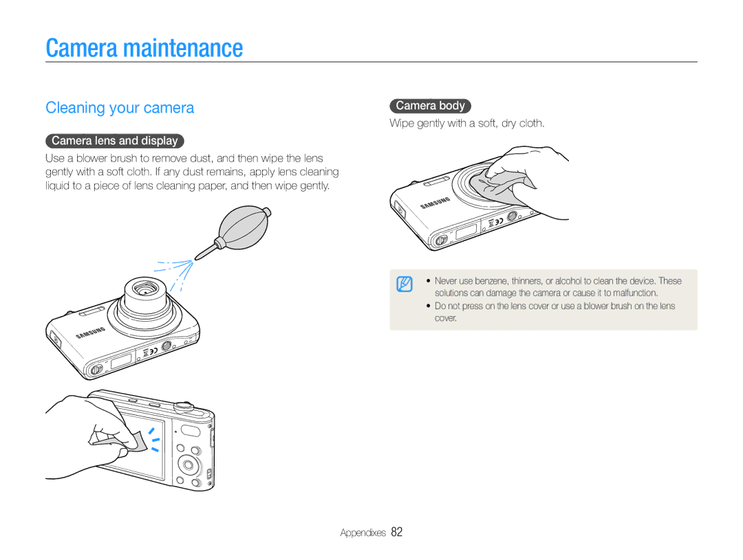 Samsung EC-PL200ZBPRE3, EC-PL200ZBPRE1 manual Camera maintenance, Cleaning your camera, Camera lens and display, Camera body 